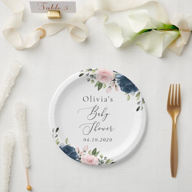 Prato De Papel Flores Azuis marinhos, Flores Rosa, Chá de fraldas (Casamento)