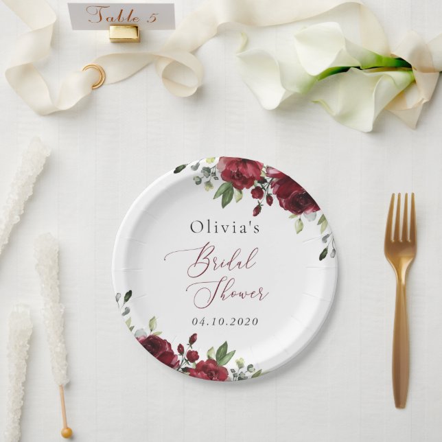 Prato De Papel Flores Borgonhetas, Flores Vermelhas, Boho, Chá de (Casamento)