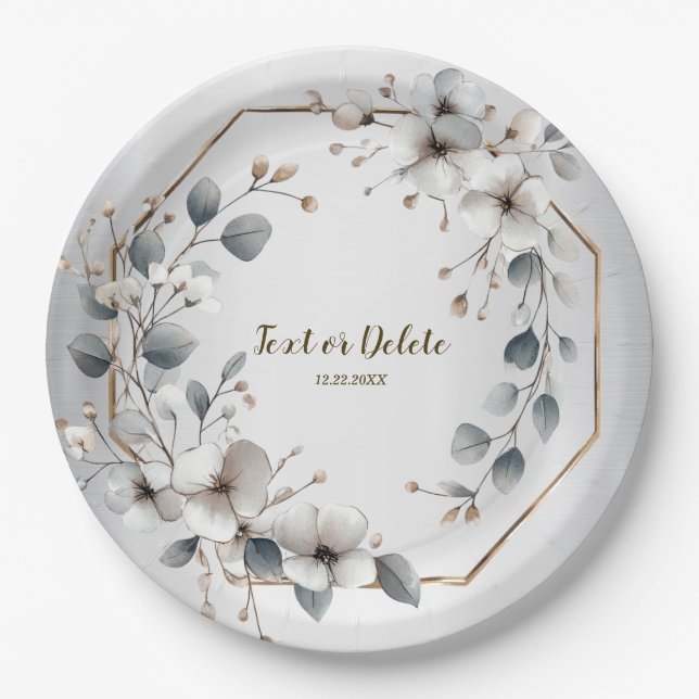 Prato De Papel Flores brancas de aquarela Ouro Frame Silver Teal (Frente)