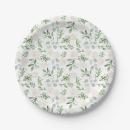 Prato De Papel Flores Brancas e Folhas Verdes em Aquarela