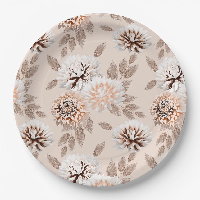 Prato De Papel Flores brancas e marrons em um fundo creme. (Frente)