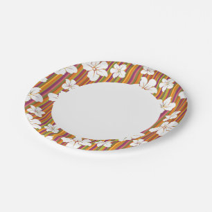 Prato De Papel Flores brancas sobre fundo listrado