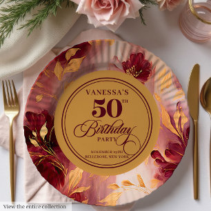 Prato De Papel Flores Clássicas Bege Dourado Borgonha 50º Anivers