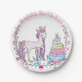 Prato De Papel Flores Coloridas de Aquarela do Unicórnio de Anive