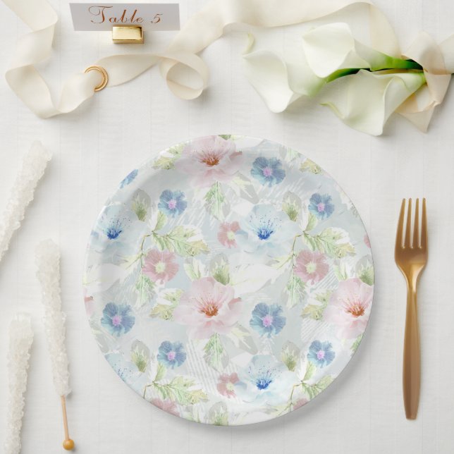 Prato De Papel Flores cor-de-água rosa e azul. (Casamento)