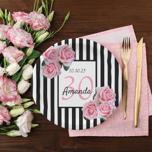 Prato De Papel Flores cor-de-aniversário de 30 anos cor-de-rosa l