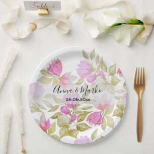 Prato De Papel Flores de Aguarela Violeta Rosa Pintadas à Mão