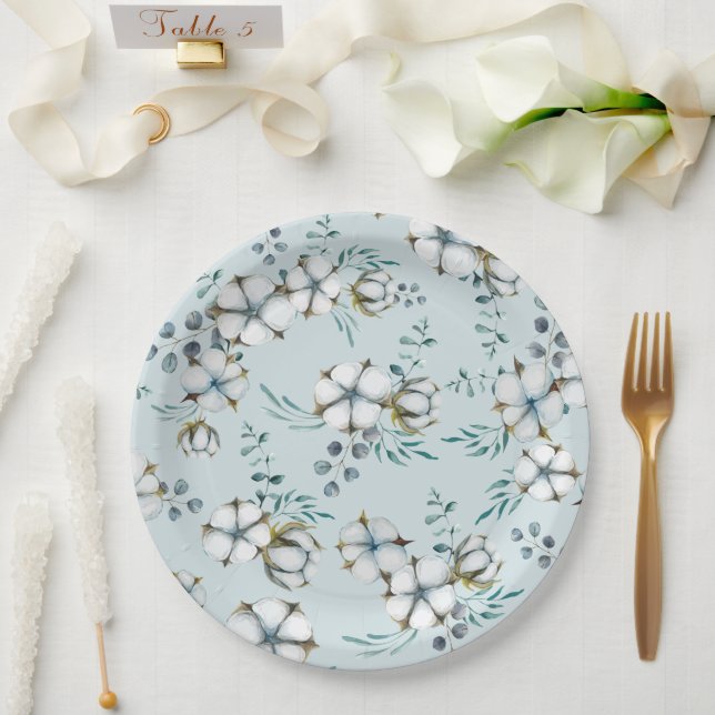 Prato De Papel Flores de Algodão e Eucalipto em Aquarela (Casamento)