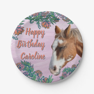 Prato De Papel Flores de Aniversário e Cavalo Palomino 
