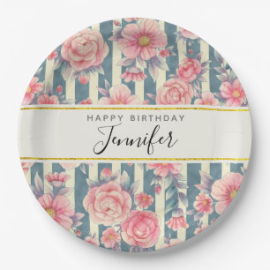 Prato De Papel Flores de Aquarela Rosa em Stripes Aniversário