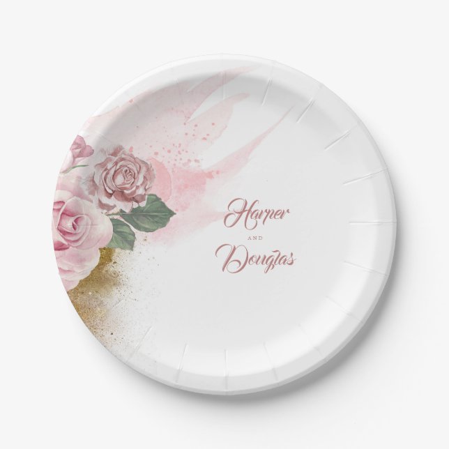 Prato De Papel Flores de Aquarela Rosa Empoeirada e Brilho Dourad (Frente)