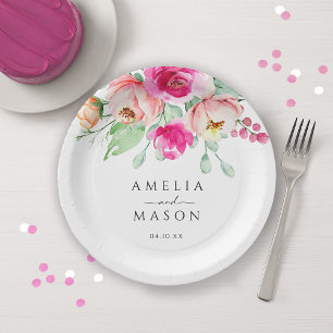Prato De Papel Flores de Aquarela Rosa Vibrante e Pêssego Casamen