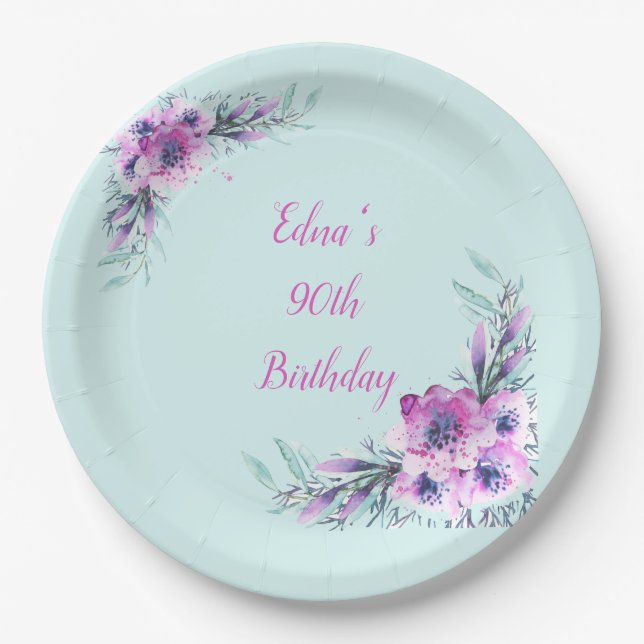 Prato De Papel Flores de Aquarela Teal e Purple 90 (Frente)