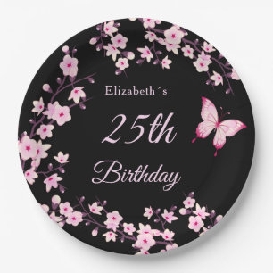Prato De Papel Flores de Cerejeira Rosa Preto Personalizado