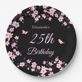 Prato De Papel Flores de Cerejeira Rosa Preto Personalizado