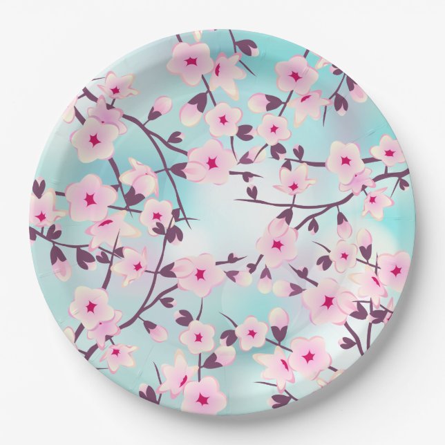Prato De Papel Flores de Cerejeira Turquesa Rosa (Frente)