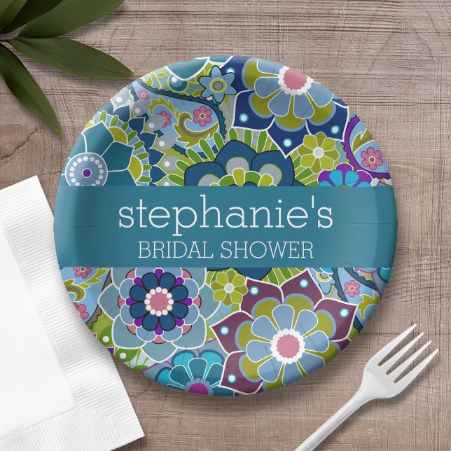 Prato De Papel Flores de Chá de panela Floral Teal e Verdes (Custom bridal shower plates)