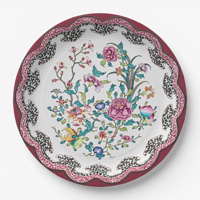 Prato De Papel Flores de Chinoiserie Rosa com Bordas Onduladas Lo (Frente)