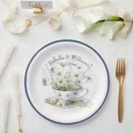 Prato De Papel Flores de Daisy Personalizadas e Azul Esmaecido