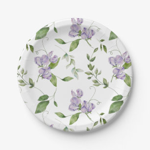 Prato De Papel Flores De Ervilha Púrpura E Doce Com Aquarelas
