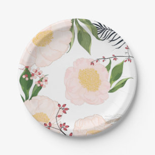 Prato De Papel Flores de Flor Branco com Placa de Papel Redonda d