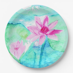 Prato De Papel Flores de Lótus Rosa Pastel Aquarela