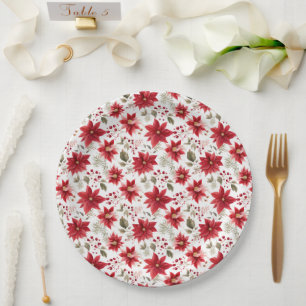 Prato De Papel Flores de Natal poinsétia vermelha Bagas Feriado