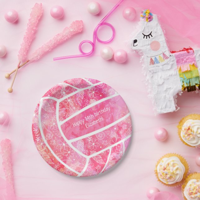 Prato De Papel Flores-de-pincel penas partido de vôlei rosa (Festa)