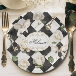 Prato De Papel Flores de Rosa Vintage Monograma Diamante Preto Br