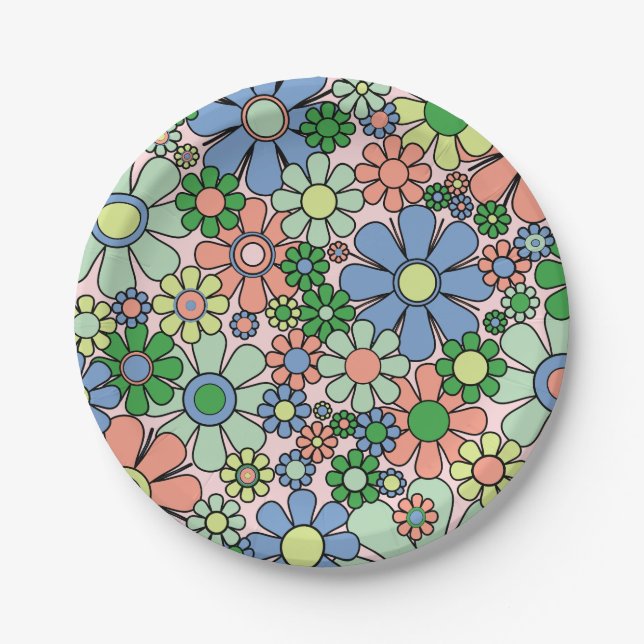 Prato De Papel Flores do Jardim Retro Groovy 60s 70s Primavera Fl (Frente)
