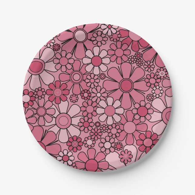 Prato De Papel Flores do Jardim Retro Padrão Floral do Groovy 60s (Frente)