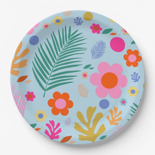 Prato De Papel Flores E Folhas 03 Azul E Rosa (Frente)