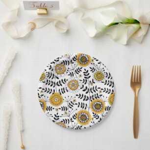 Prato De Papel Flores e folhas de rabo em amarelo e preto