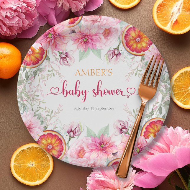 Prato De Papel Flores em Aquarela de Citros e Rosa Chuveirinho de (Citrus & Pink Watercolor Flowers Baby Shower Paper Plates)