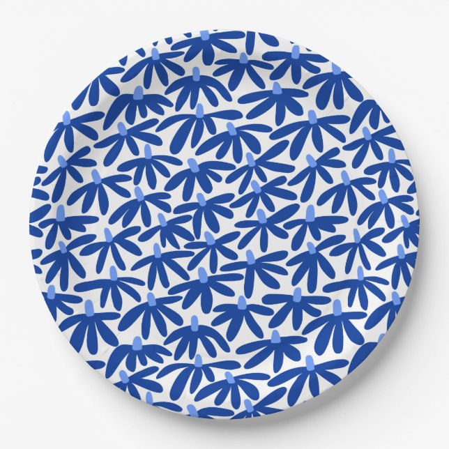 Prato De Papel Flores Estilizadas - Sombras de Azul e Branco (Frente)
