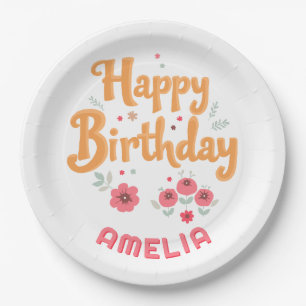 Prato De Papel Flores Florais Feliz Aniversário Handlettering