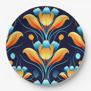 Prato De Papel flores laranja azul Art Deco