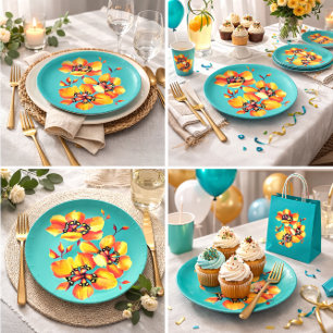 Prato De Papel Flores Laranja Elegantes - Aqua - Personalize o se