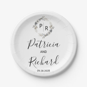 Prato De Papel Flores Monogramadas em Aquarela para Casamento