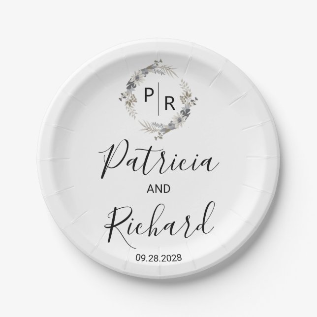 Prato De Papel Flores Monogramadas em Aquarela para Casamento (Frente)