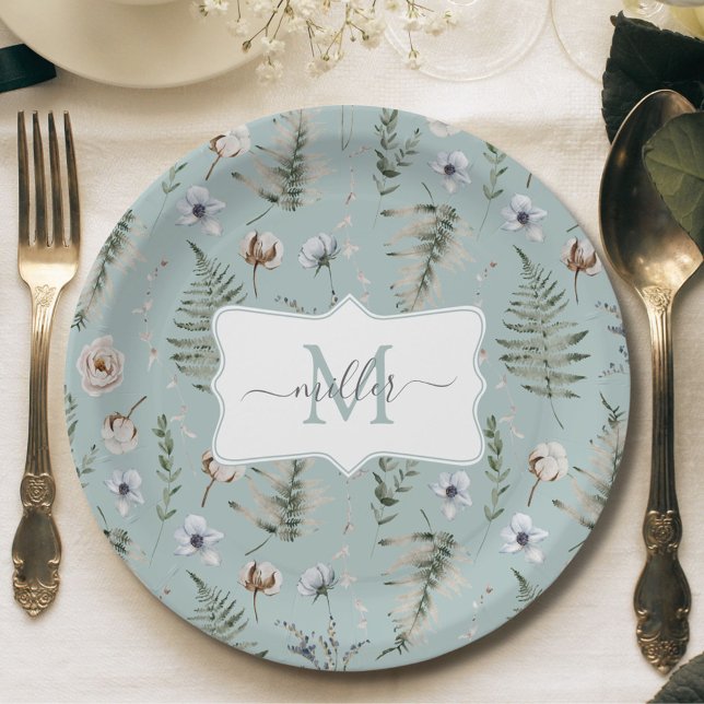 Prato De Papel Flores Monogramas e Folhas de Fern (In situ)