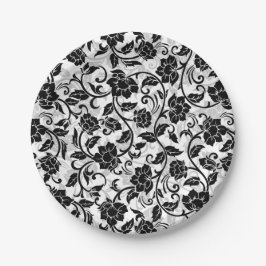 Prato De Papel Flores Negras e Cinzas