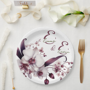 Prato De Papel Flores Orquídeas Brancas e Magenta Personalizadas