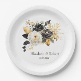 Prato De Papel Flores Preto Branco Dourado