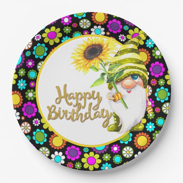 Prato De Papel Flores Retro Aniversário Gnomo (Frente)