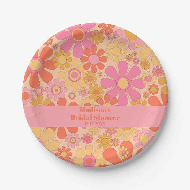 Prato De Papel Flores Retro Groovy 60s Chá estético (Frente)