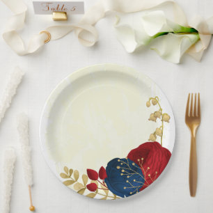 Prato De Papel Flores românticas vermelho escuro e azul naval dou