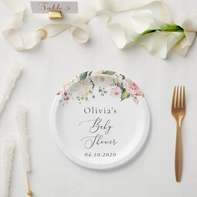 Prato De Papel Flores Rosa, Flores Brancas, Boho, Chá de fraldas (Casamento)