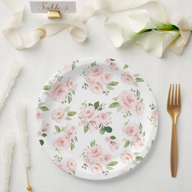 Prato De Papel Flores Rosa, Rosas Rosa, Flores De Aquarelas (Casamento)