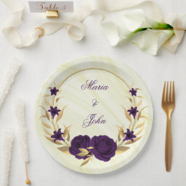 Prato De Papel flores roxas reais folhas douradas mármore